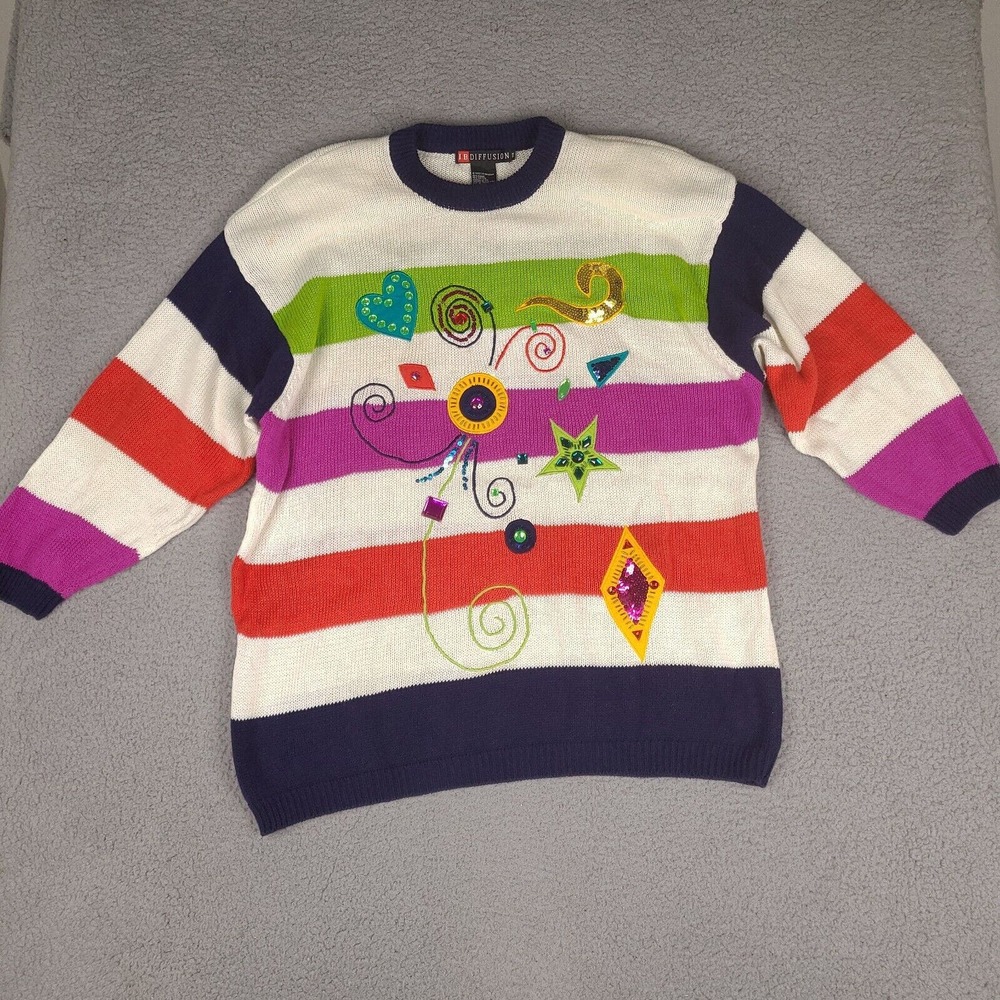 Vintage IB Diffusion Sweater Womens‎ 3X Colorful Striped Jewels Sequin 1992
